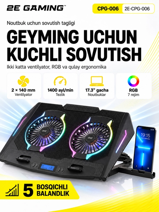 2E GAMING sovutgichli noutbuk tagligi, 14"-17.3," LED yoritgich, kuchli - 