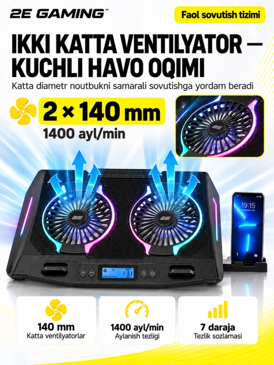 2E GAMING sovutgichli noutbuk tagligi, 14"-17.3," LED yoritgich, kuchli