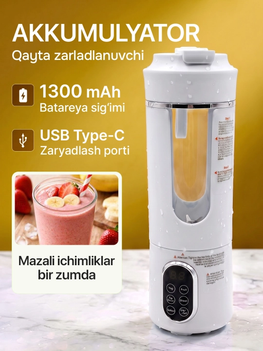 Simsiz mini blender 530 ml, smuzi va kokteyllar uchun kichkina blender