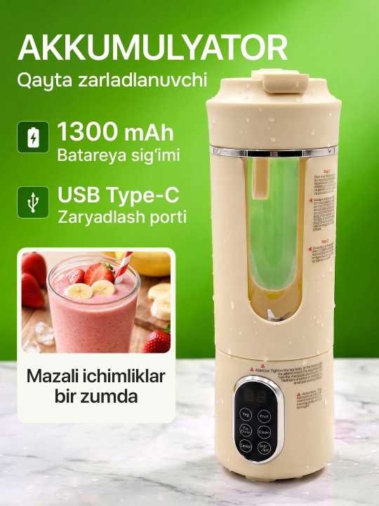 Simsiz mini blender 530 ml, smuzi va kokteyllar uchun kichkina blender