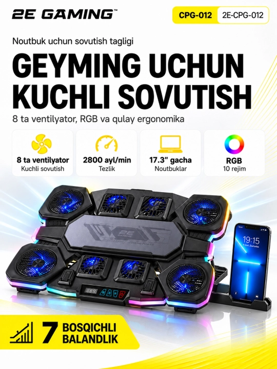 2E GAMING sovutgichli noutbuk tagligi, 14"-17.3," LED yoritgich, kuchli - 