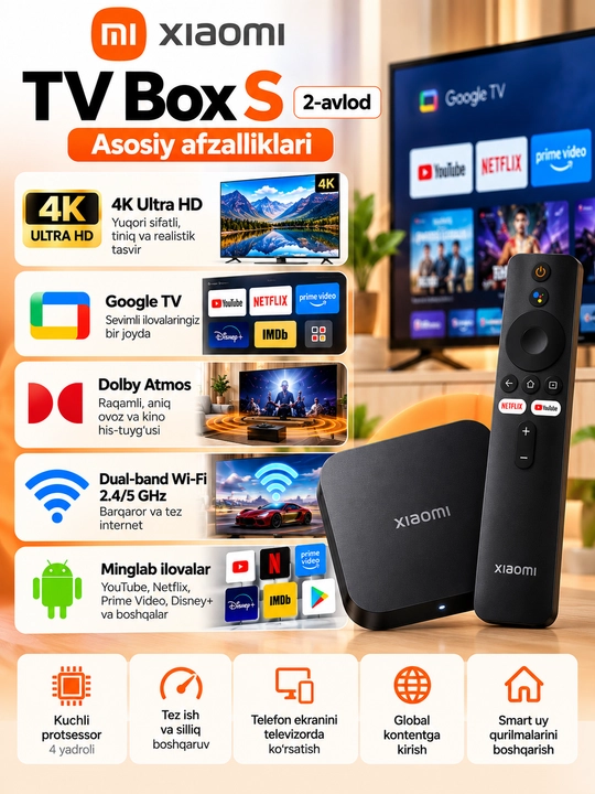 Xiaomi TV Box S 2nd Gen 4K Ultra HD ТВ-приставка Google TV
