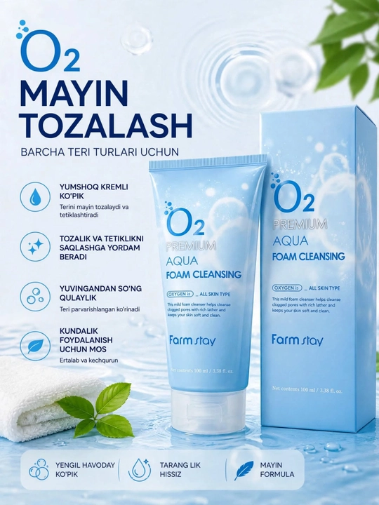 Yuvish uchun ko‘pik, Farmstay O2, yuz tozalash vositasi, teri parvarishi - 