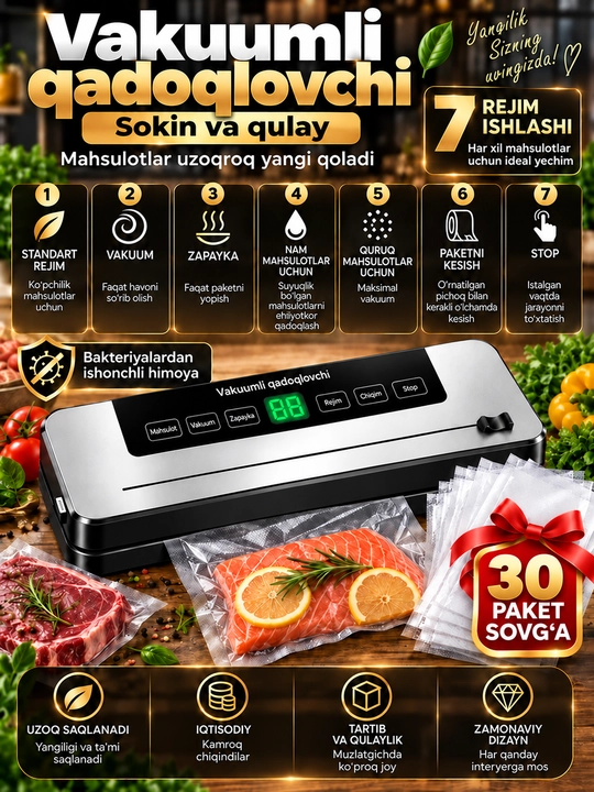 Вакуумный упаковщик автоматический,  для сухих и влажных продуктов с 7 режимами - 