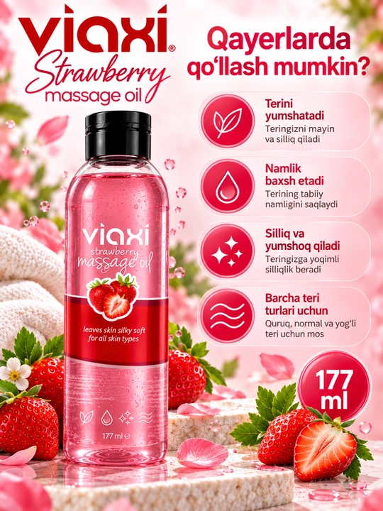 Viaxi qulupnay hidli massaj moyi 177 ml, tana terisini parvarishlash uchun
