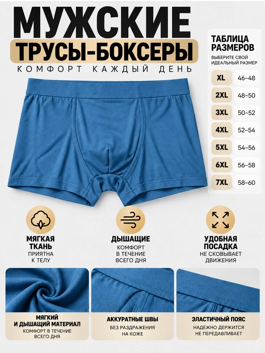Erkaklarga havo o'tkazuvchan ichki qoplamali bokser trusiklar, qulay shortiklar, XL–7XL - 