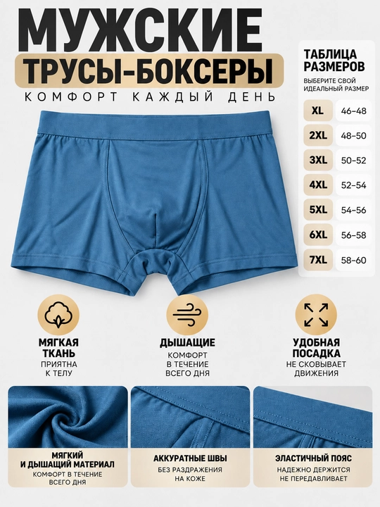 Erkaklarga havo o'tkazuvchan ichki qoplamali bokser trusiklar, qulay shortiklar, XL–7XL - 