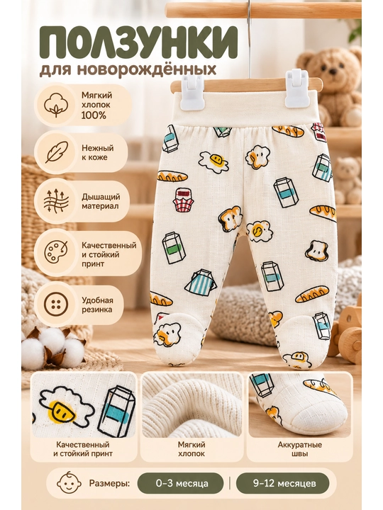 Tiffany Baby Breakfast bolalar uchun oyoqlari yopiq, oziq-ovqat naqshli polzunklar - 