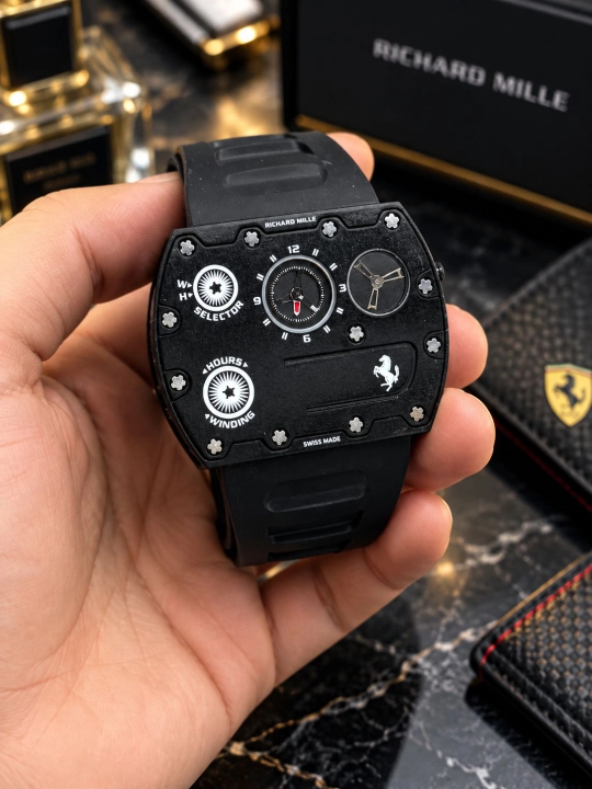 Richard Mille uslubidagi erkaklar qo‘l soati, metallik korpus, qora silikon remeshok
