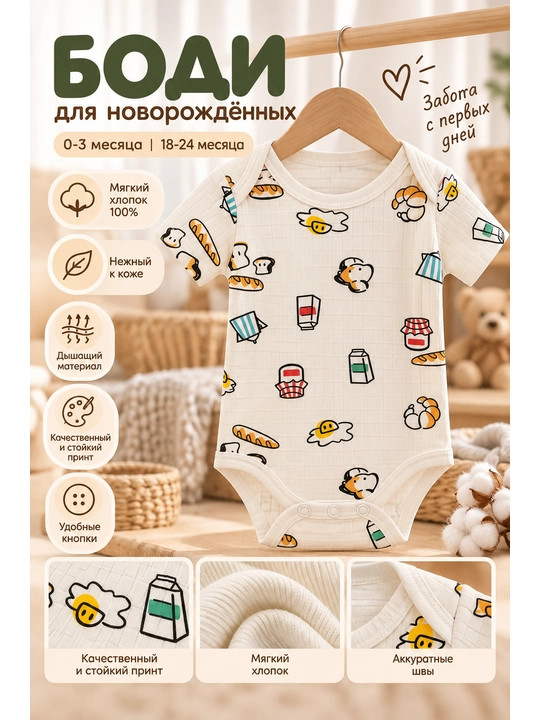 Tiffany Baby Breakfast bolalar uchun kalta yengli bodi, oziq-ovqat naqshli - 