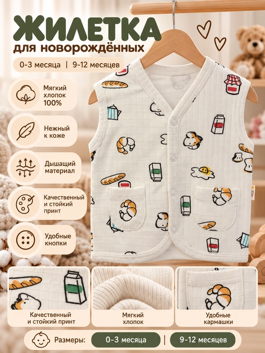 Детский жилет Tiffany Baby Breakfast с карманами и застёжкой на кнопках - 