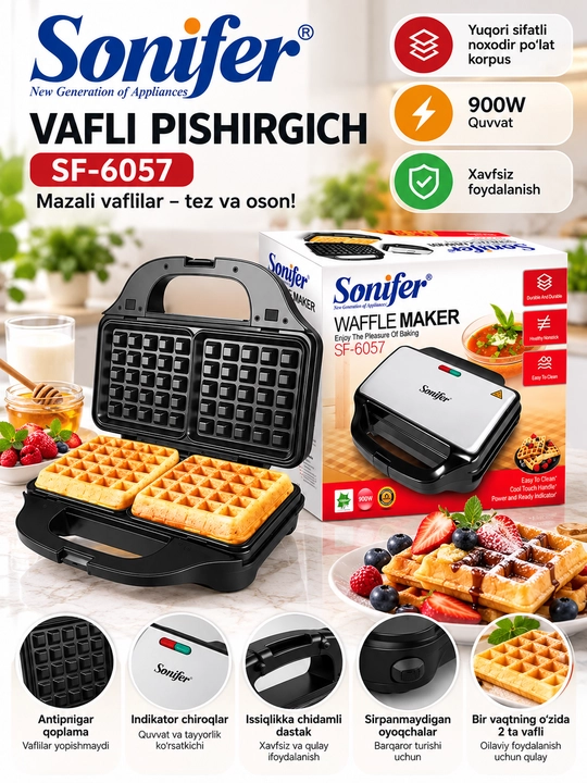 Vafli pishirgich, Sonifer SF-6057, 900 Vt, yopishmaydigan qoplamali - 
