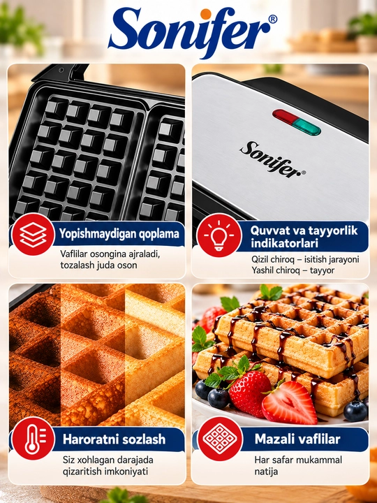 Vafli pishirgich, Sonifer SF-6057, 900 Vt, yopishmaydigan qoplamali