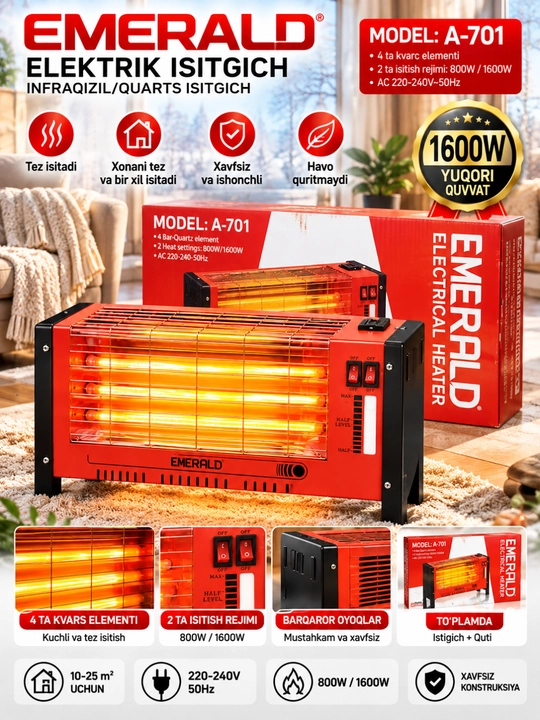 EMERALD EM-13 moyli radiator, 2900 W, 3 ta isitish rejimi, termostat
