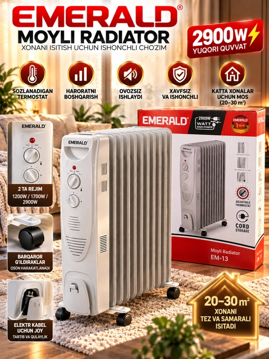 EMERALD EM-13 moyli radiator, 2900 W, 3 ta isitish rejimi, termostat - 