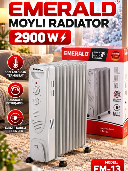 EMERALD EM-13 moyli radiator, 2900 W, 3 ta isitish rejimi, termostat