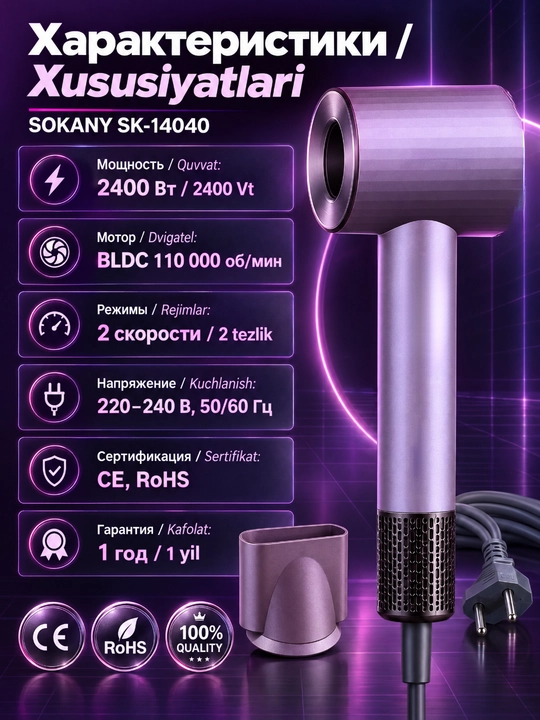 SOKANY SK-14040 soch fen, 2400 Vt, cho'tkasiz motor, 110000 ayl/min