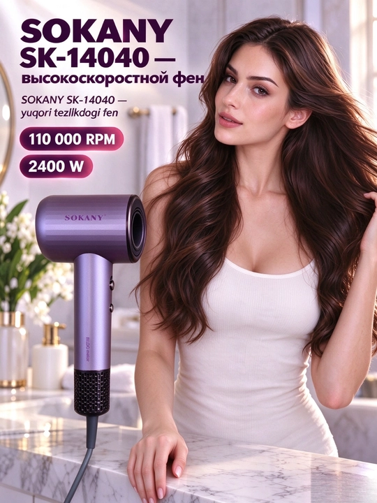 SOKANY SK-14040 soch fen, 2400 Vt, cho'tkasiz motor, 110000 ayl/min - 