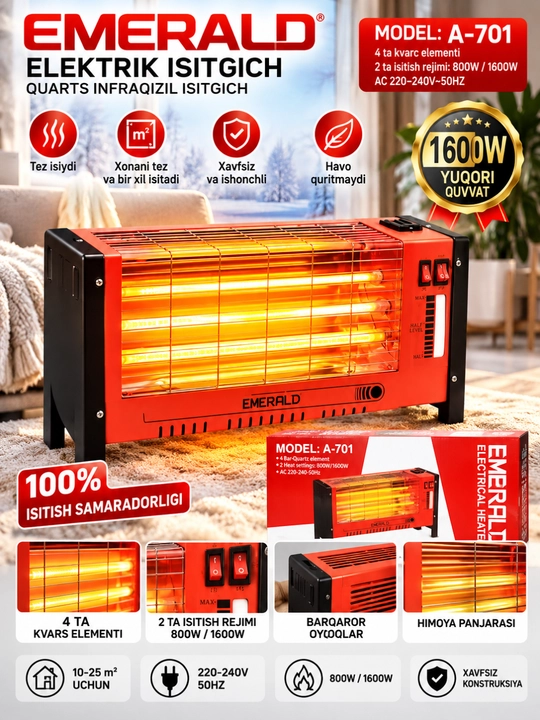 EMERALD EM-13 moyli radiator, 2900 W, 3 ta isitish rejimi, termostat