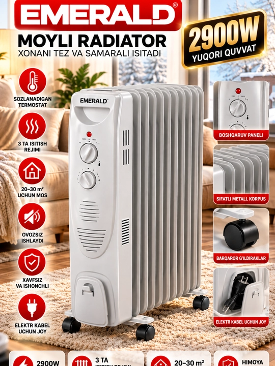 EMERALD EM-13 moyli radiator, 2900 W, 3 ta isitish rejimi, termostat