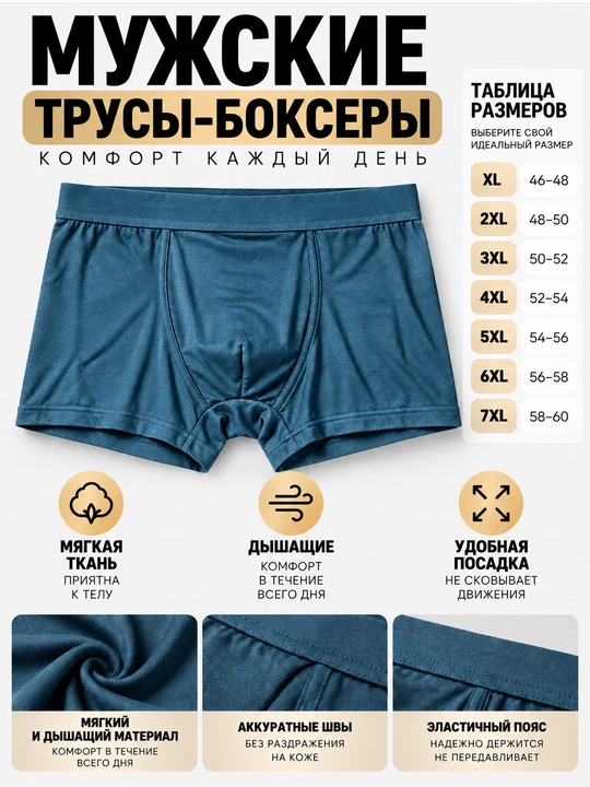 Erkaklarga havo o'tkazuvchan ichki qoplamali bokser trusiklar, qulay shortiklar, XL–7XL - 