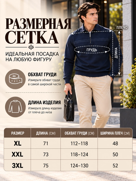 Мужская финка, свитер с короткой молнией и воротником, современный классический трикотаж - 