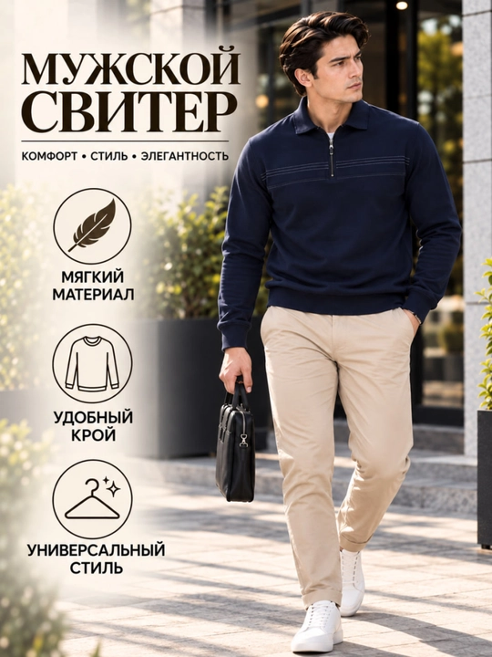 Мужская финка, свитер с короткой молнией и воротником, современный классический трикотаж