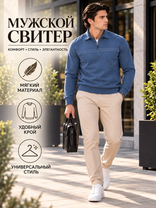 Мужская финка, свитер с короткой молнией и воротником, современный классический трикотаж