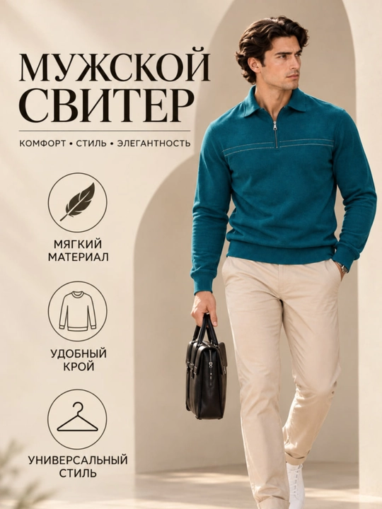 Мужская финка, свитер с короткой молнией и воротником, современный классический трикотаж