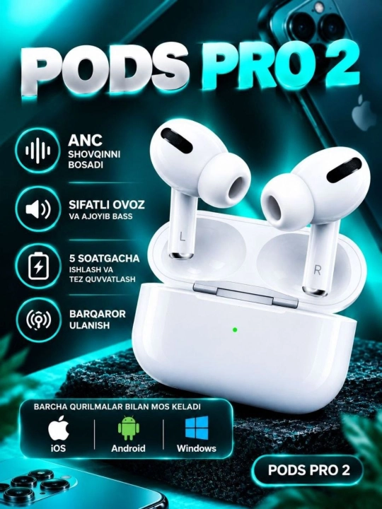 Simsiz quloqchinlar Pods Pro 2, sensorli, iPhone va Andoroid uchun naushnik