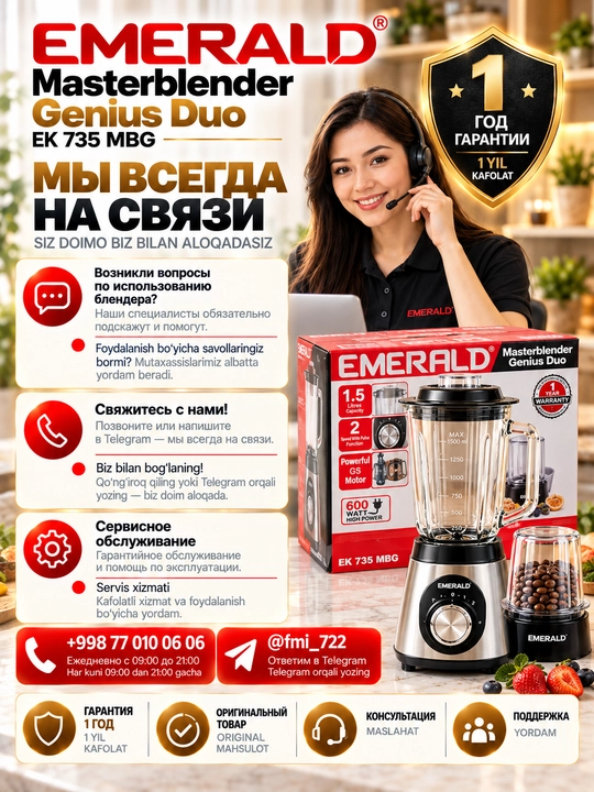 Стационарный блендер EMERALD 600 Вт, 1,5 л, 2 в 1, с кофемолкой