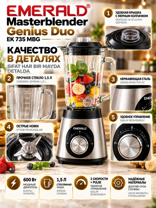 Стационарный блендер EMERALD 600 Вт, 1,5 л, 2 в 1, с кофемолкой