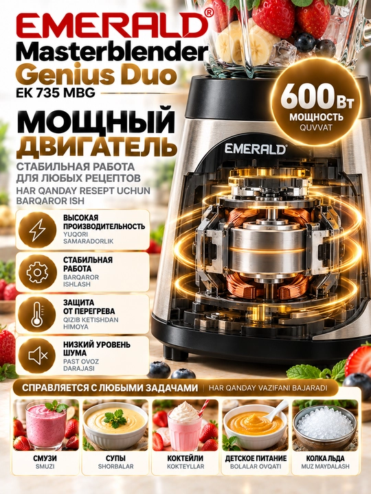 Стационарный блендер EMERALD 600 Вт, 1,5 л, 2 в 1, с кофемолкой