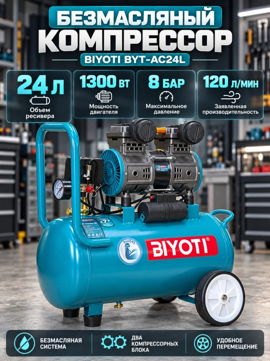 Компрессор воздушный BIYOTI BYT-AC24L, безмасляный, 24 л, 1300 Вт, 8 бар - 