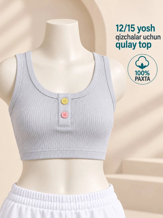Qizlar uchun paxtali top 12–15 yosh, xb, yumshoq nafas oluvchi kundalik mayka - 