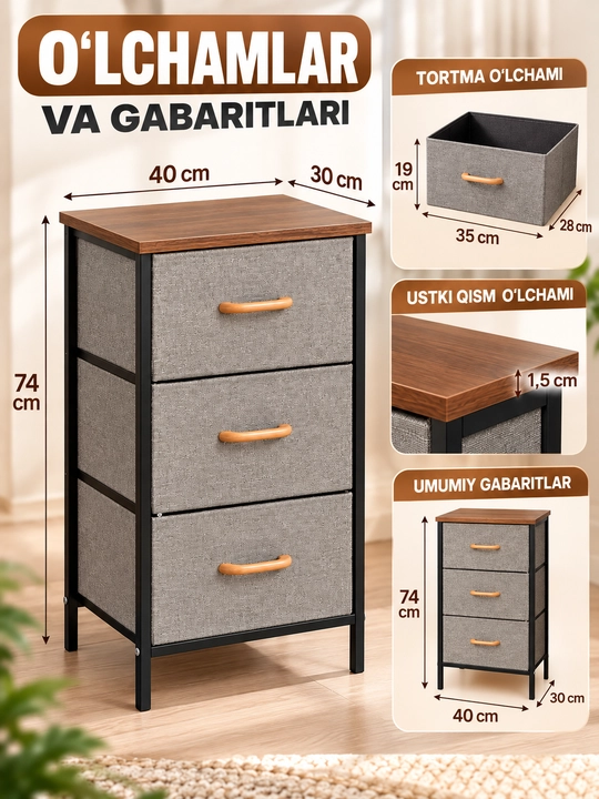 Komod 3 ta tortmali, matoli, yotoqxona va uy uchun ixcham mebel