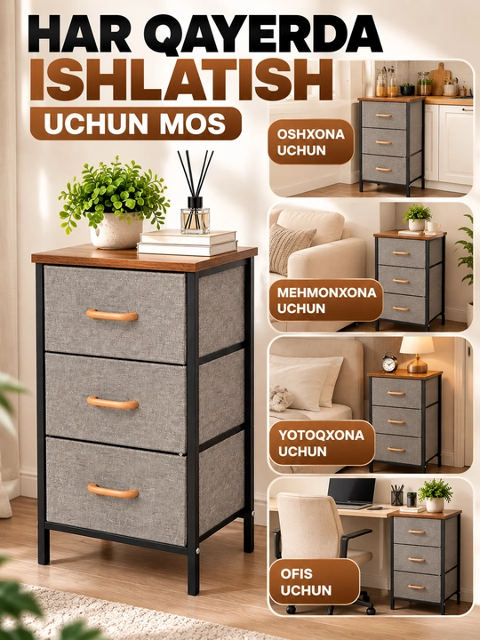 Komod 3 ta tortmali, matoli, yotoqxona va uy uchun ixcham mebel - 