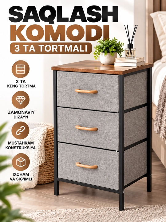 Komod 3 ta tortmali, matoli, yotoqxona va uy uchun ixcham mebel