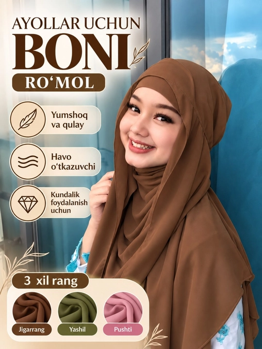 Ayollar uchun yumshoq, nafis boni ro‘mol. Qulay chiroyli va kundalik foydalanish uchun mos
