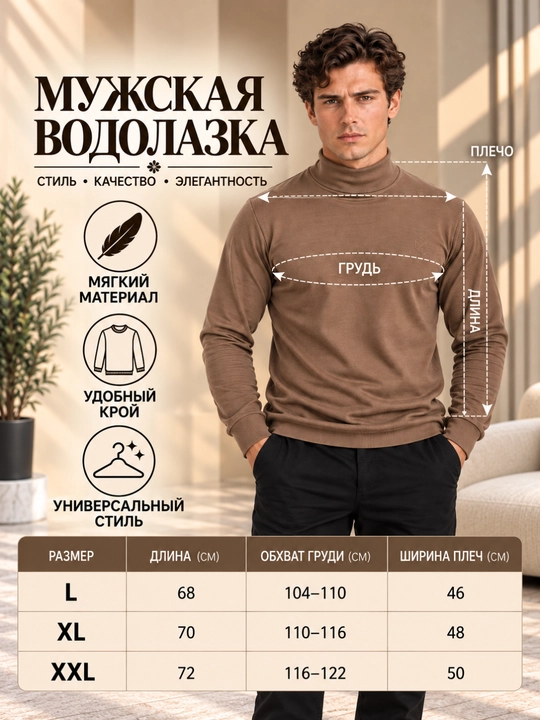 Мужская водолазка с длинным рукавом на осень и зиму - 