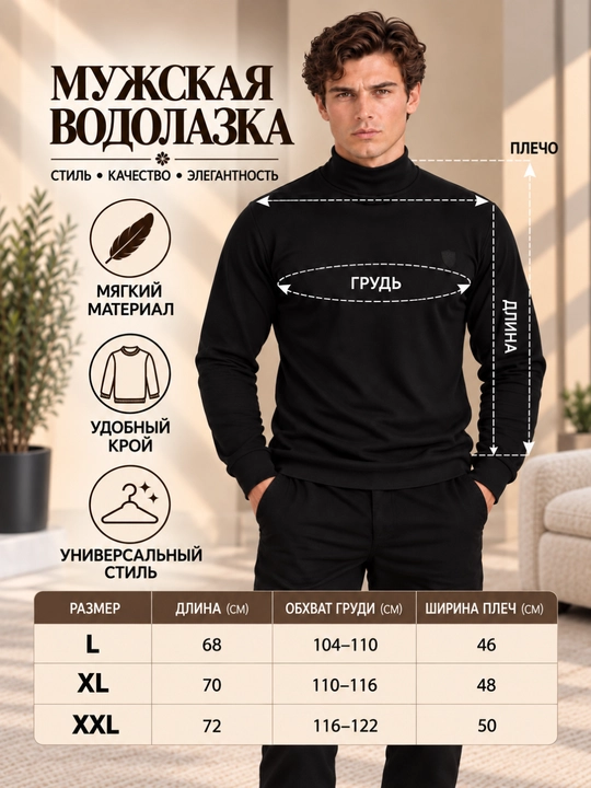 Мужская водолазка с длинным рукавом на осень и зиму - 