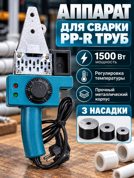  Аппарат для сварки полипропиленовых труб VCANO V-292818, 1500 Вт, 3 насадки - 
