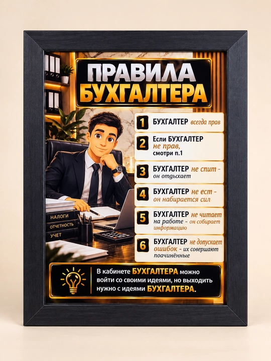 Мотивационный постер в чёрной рамке «Правила бухгалтера» — подарок бухгалтеру - 