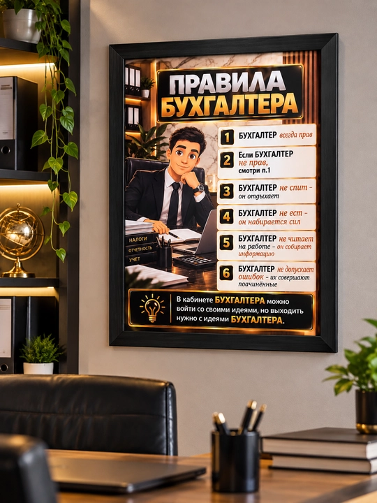 Бухгалтер учун қора рамкадаги мотивацион постер — «Бухгалтер қоидалари», совға учун