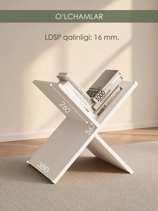 X shaklidagi LDSP laminat podstavka, kitob javoni, X oyoqli kitob yulduzi
