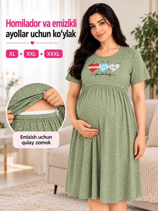 Homilador va emizikli onalar uchun ko‘ylak, XB , old tomonida tugmachasi bor, XL,XXL,XXXL - 