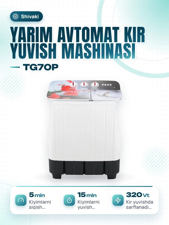 Yarim avtomat kir yuvish mashinasi Shivaki TG70P 7 kg 3.6 kg 15 min - 