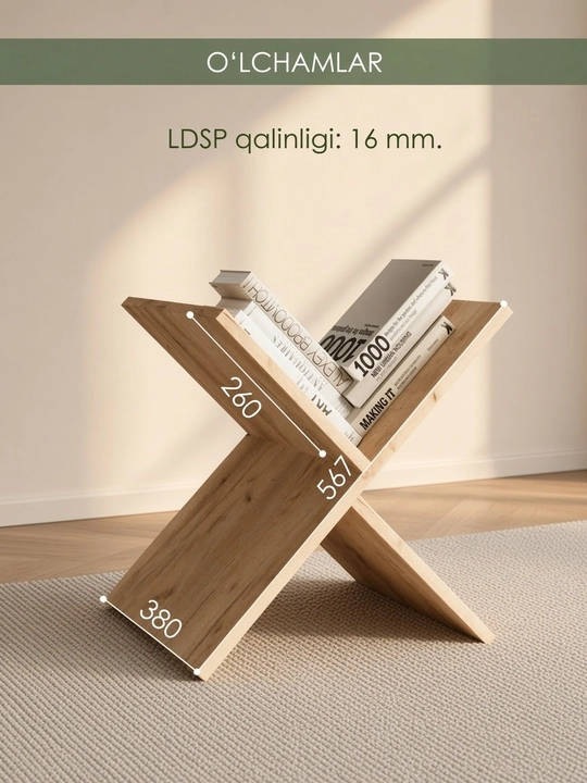 X shaklidagi LDSP laminat podstavka, kitob javoni, X oyoqli kitob yulduzi