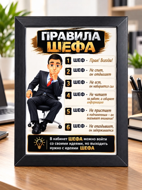 Постер «Правила шефа» в рамке, подарок начальнику картинка - 