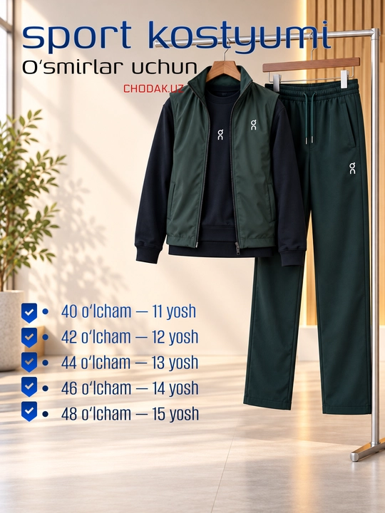 Sport kostyumi, o‘smirlar uchun, 40–48 o‘lcham, 11–15 yosh - 